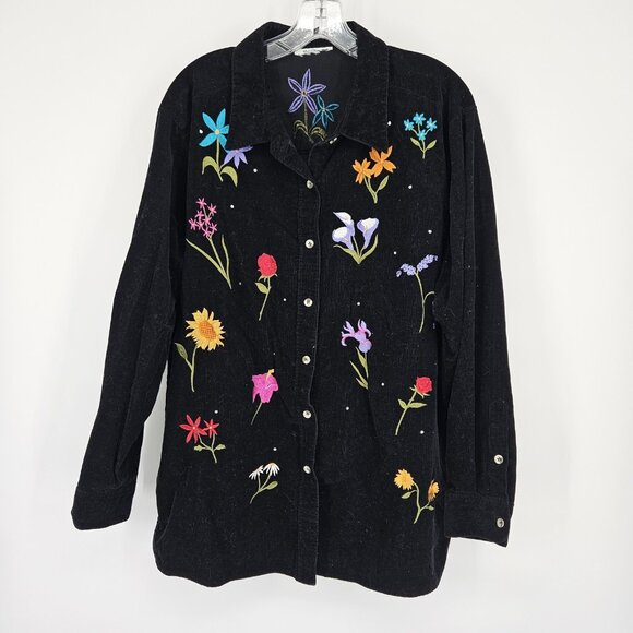 Vintage Quacker Corduroy Shirt Womens 2XL Floral Embroider Button Long Sleeve - Picture 1 of 10